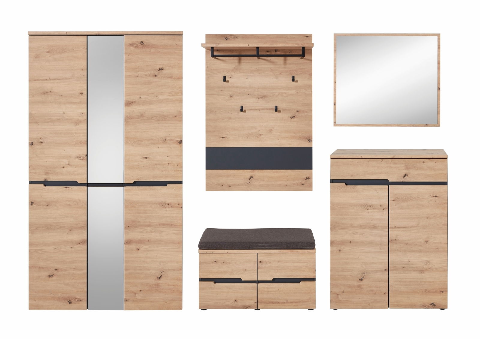 Garderoben-Set aus Holz in Frontansicht mit Schrank, Spiegel, Sitzbank und Hakenleiste.