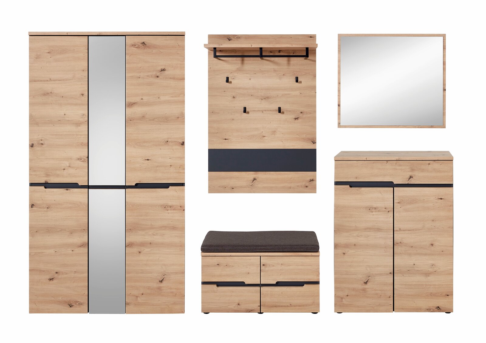 Voleo Garderoben-Set DETROIT Garderoben-Set aus Holz in Frontansicht mit Schrank, Spiegel, Sitzbank und Hakenleiste.