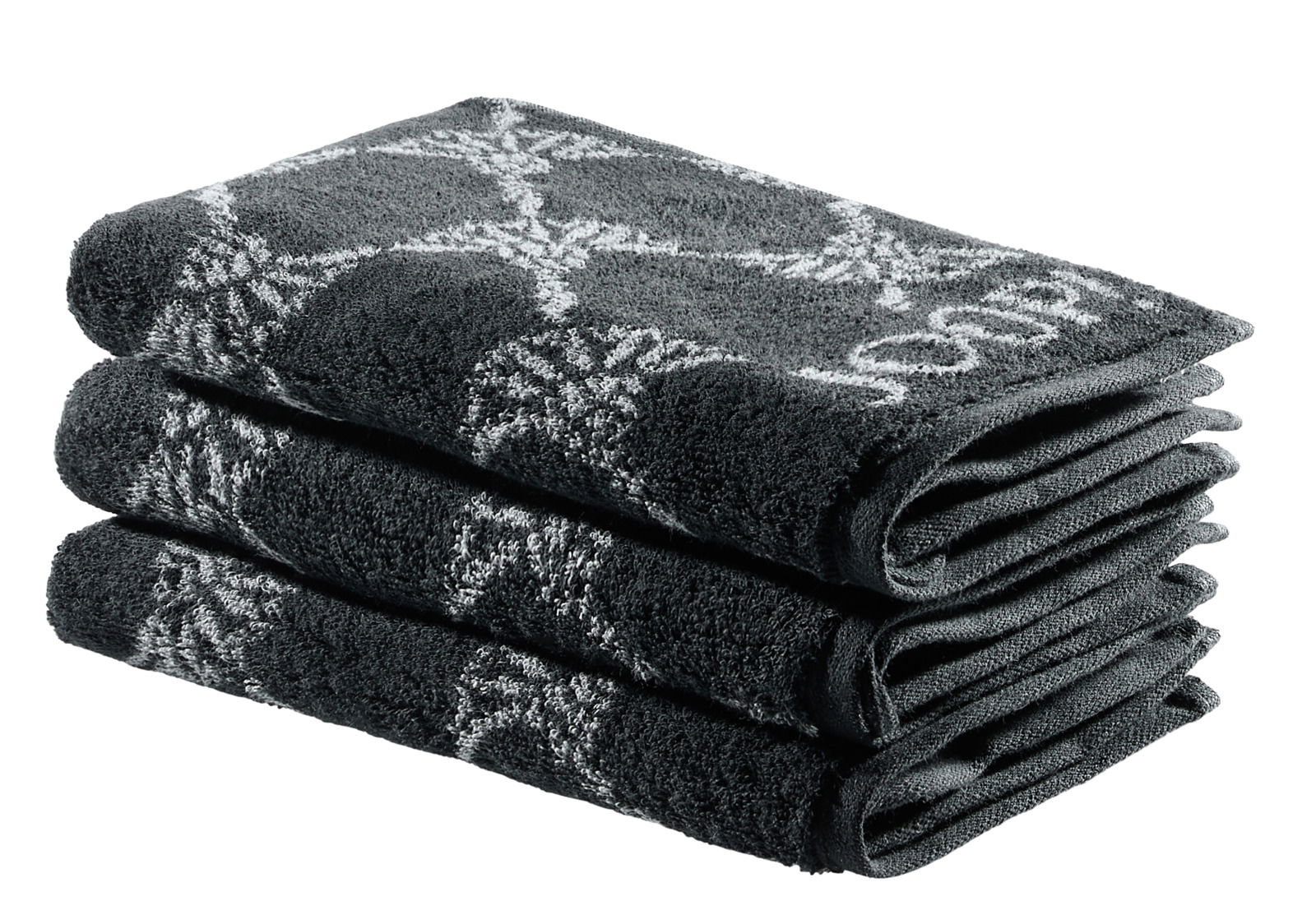 Dreiteiliges Gästetuchset in dunklem Grau mit hellem Muster, gestapelt in seitlicher Perspektive