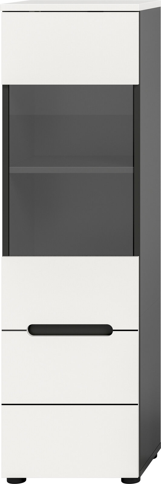 Moderner weiß-grauer Unterschrank mit Schublade und offenem Fach, frontale Ansicht