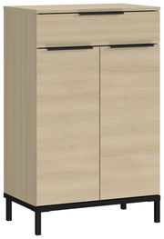 Kommode aus hellem Holz mit schwarzem Gestell, frontal fotografiert