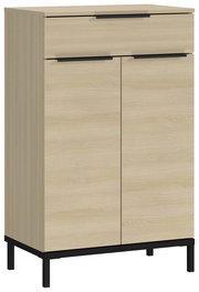 Kommode aus hellem Holz mit schwarzem Gestell, frontal fotografiert