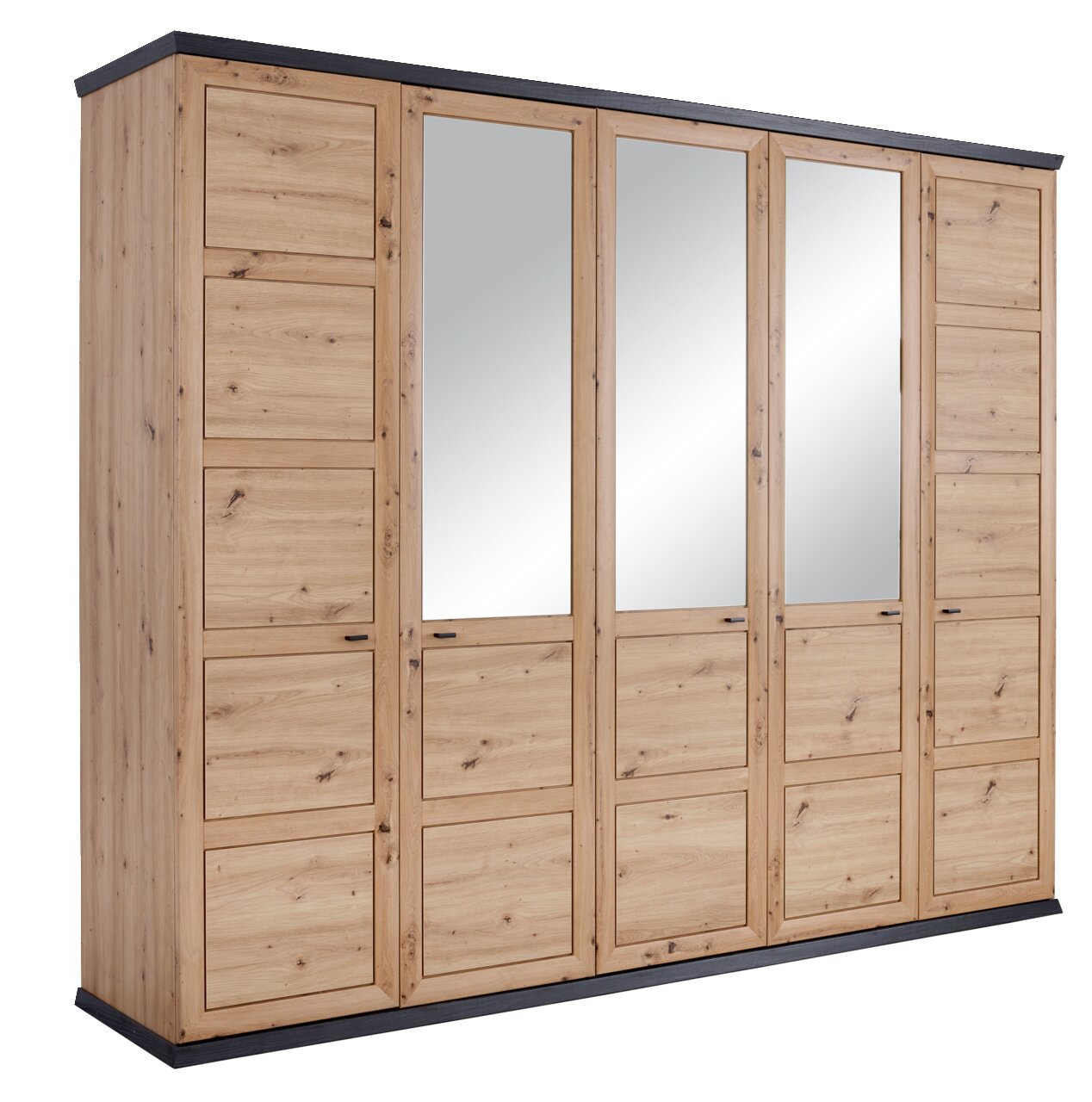 Fünf-türiger Drehtürenschrank aus Holz mit Spiegeln, seitliche Perspektive