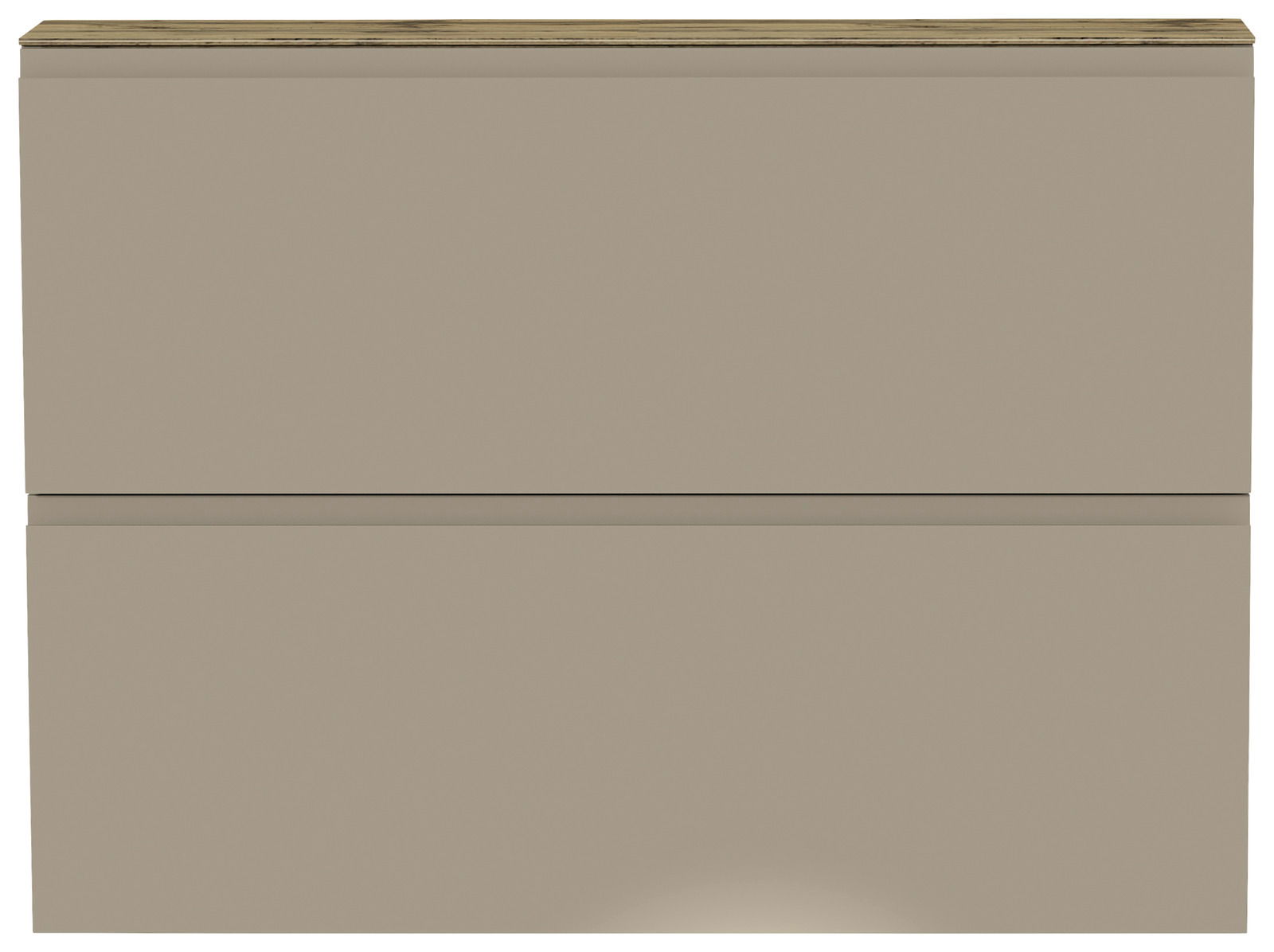 Hängeschuhschrank 2K-T22 in Frontansicht, zweifarbige Oberfläche mit Holzoptik oben und glatter Front in Beige.