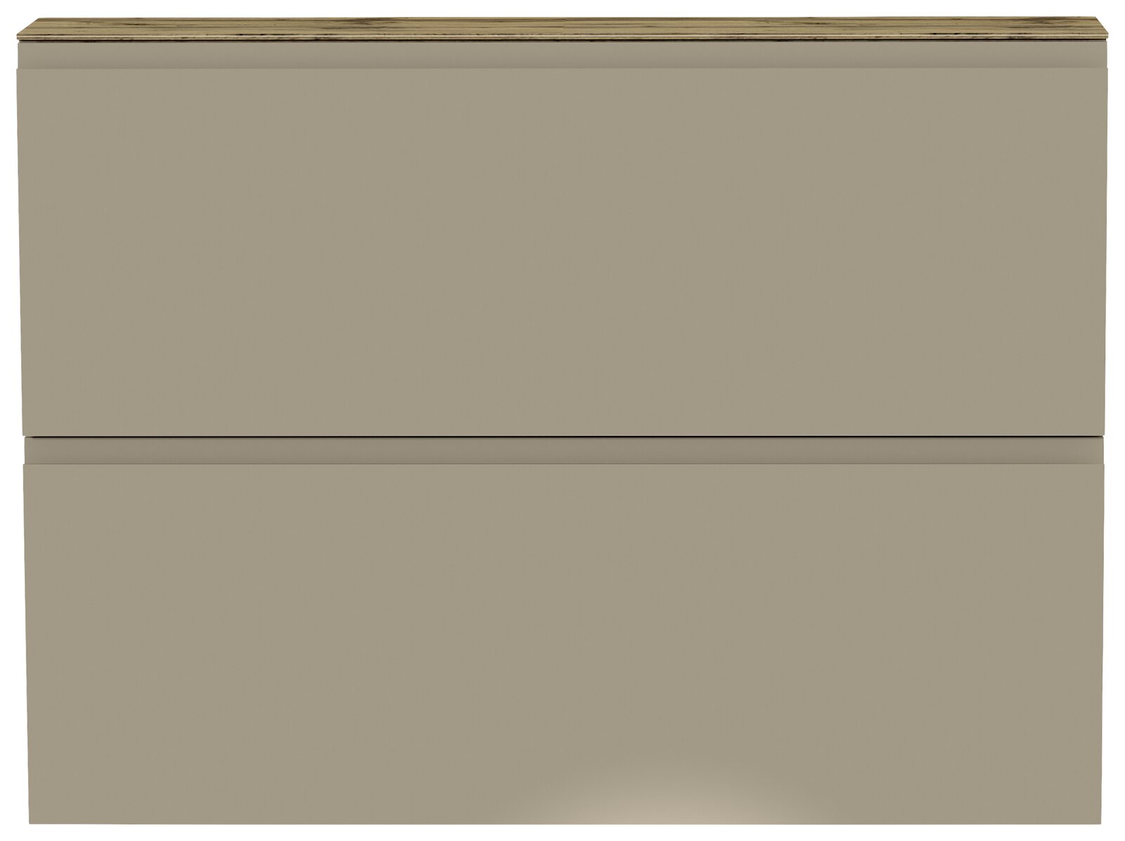 Hängeschuhschrank 2K-T22 in Frontansicht, zweifarbige Oberfläche mit Holzoptik oben und glatter Front in Beige.