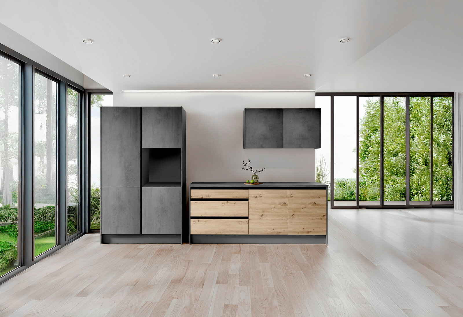 Moderne Küche mit grauen und holzfarbenen Schränken, fotografiert aus der Frontperspektive, mit großen Fenstern im Hintergrund.