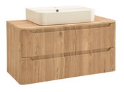 Holz-Waschtischunterschrank mit zwei Schubladen und weißem Aufsatzwaschbecken, freigestellt auf weißem Hintergrund, Frontansicht leicht von links oben