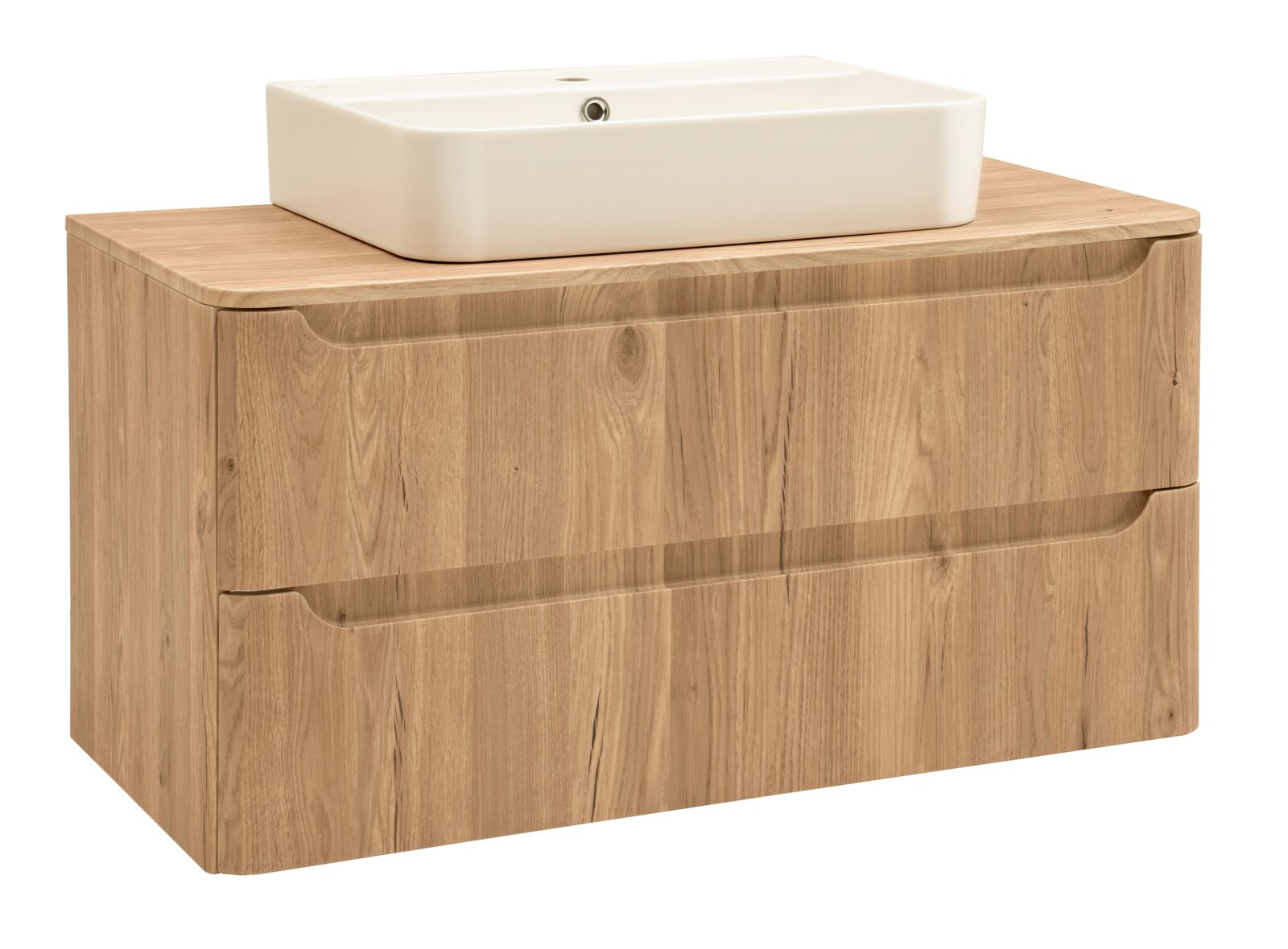 XORA Waschtisch-Set OCEAN Holz-Waschtischunterschrank mit zwei Schubladen und weißem Aufsatzwaschbecken, freigestellt auf weißem Hintergrund, Frontansicht leicht von links oben