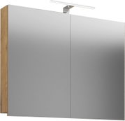 Moderner Spiegelschrank mit zwei Spiegeltüren, Holz-Seiten in Eicheoptik und integrierter LED-Aufsatzleuchte, Frontansicht leicht von links