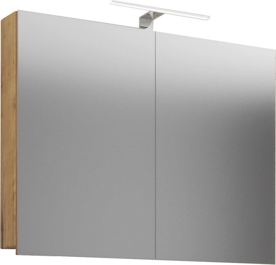 Moderner Spiegelschrank mit zwei Spiegeltüren, Holz-Seiten in Eicheoptik und integrierter LED-Aufsatzleuchte, Frontansicht leicht von links