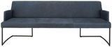 Moderne Sitzbank mit dunkelblauem Bezug und Metallgestell, Frontalansicht