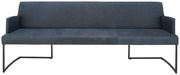 Moderne Sitzbank mit dunkelblauem Bezug und Metallgestell, Frontalansicht