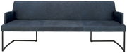 Moderne Sitzbank mit dunkelblauem Bezug und Metallgestell, Frontalansicht
