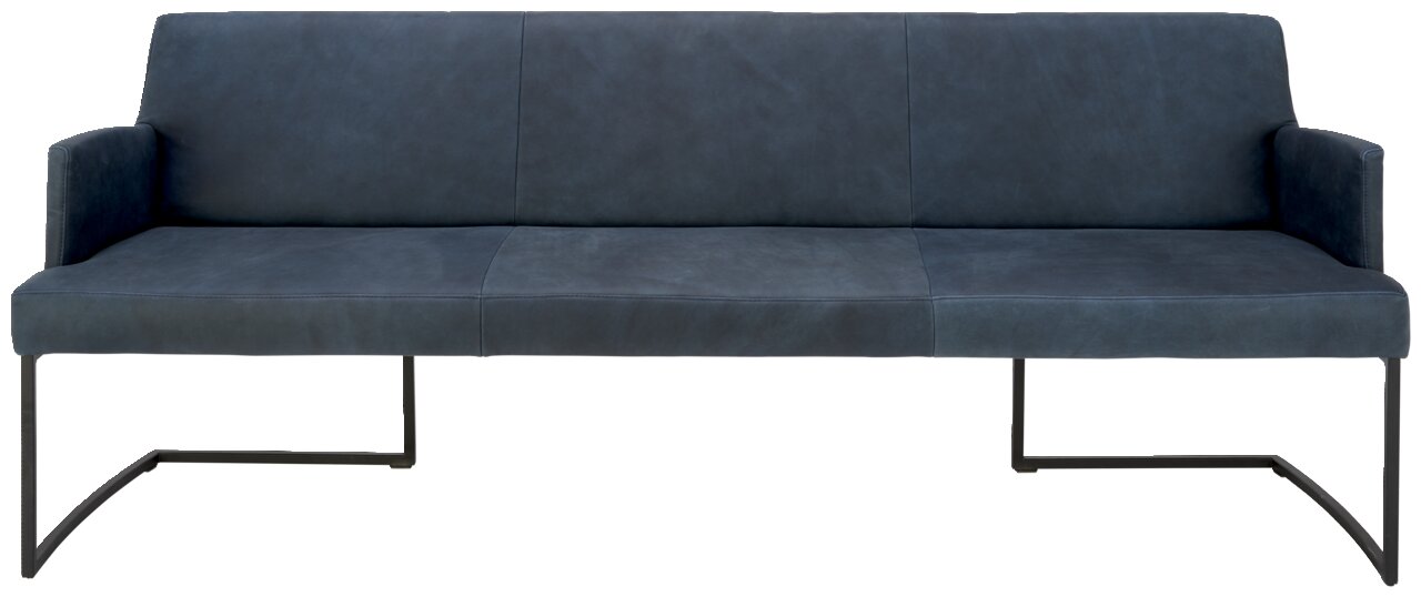 Moderne Sitzbank mit dunkelblauem Bezug und Metallgestell, Frontalansicht