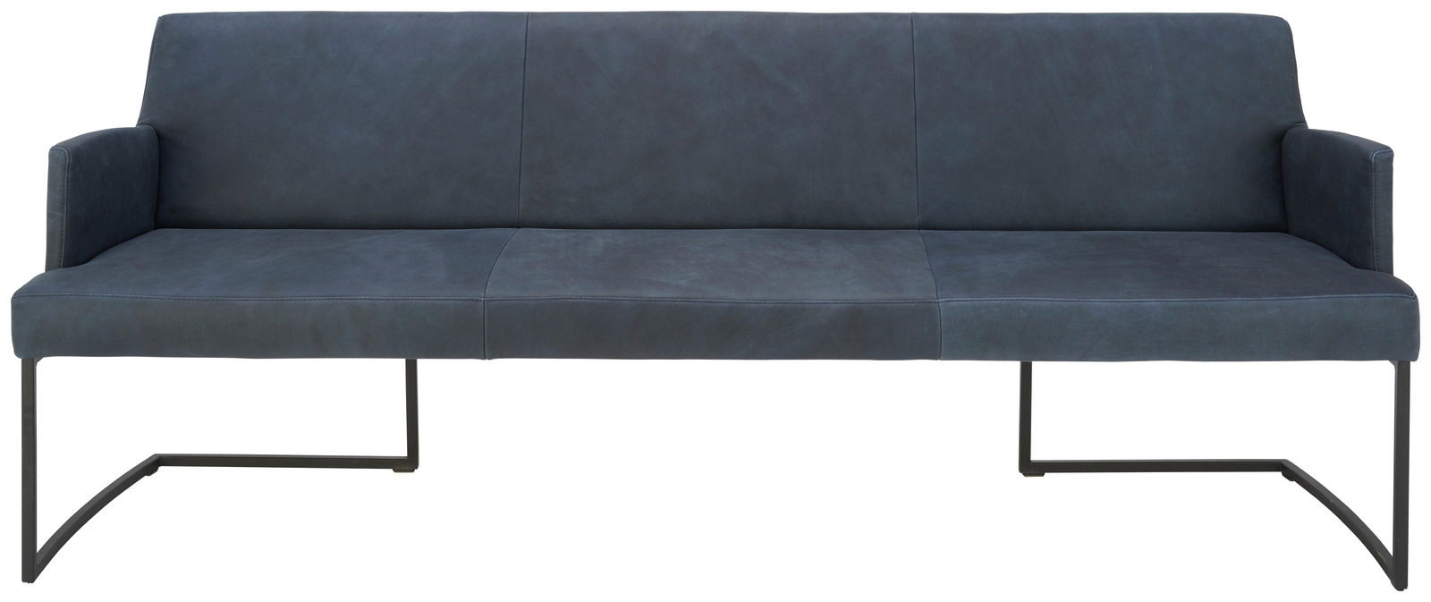 Moderne Sitzbank mit dunkelblauem Bezug und Metallgestell, Frontalansicht