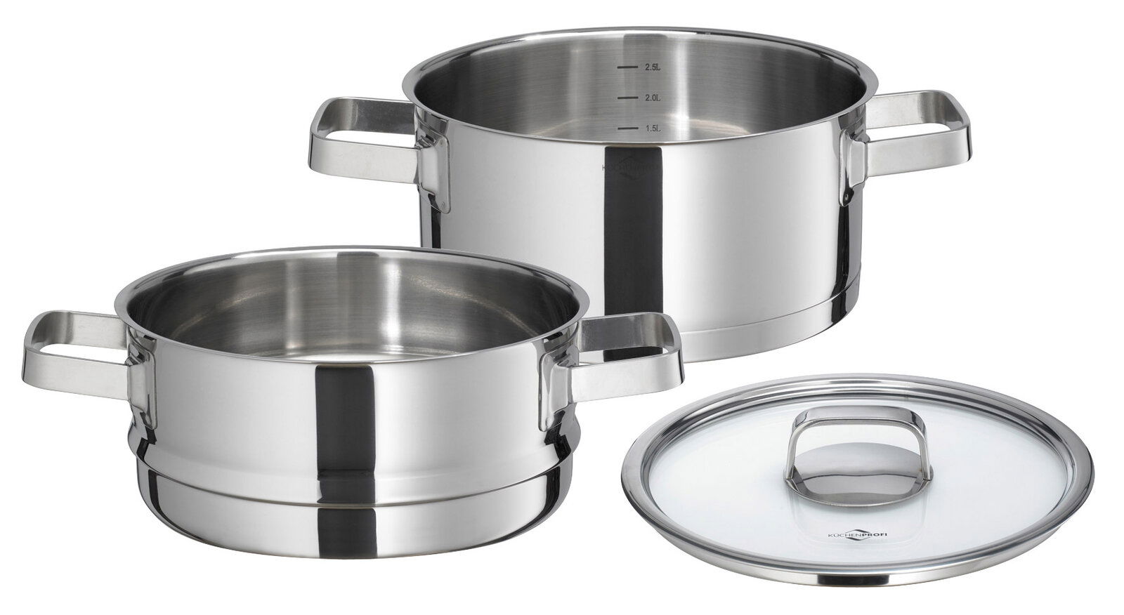 Kochtopf mit Dämpfeinsatz und Glasdeckel aus Edelstahl, seitliche Perspektive