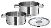 Kochtopf mit Dämpfeinsatz und Glasdeckel aus Edelstahl, seitliche Perspektive