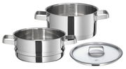 Kochtopf mit Dämpfeinsatz und Glasdeckel aus Edelstahl, seitliche Perspektive