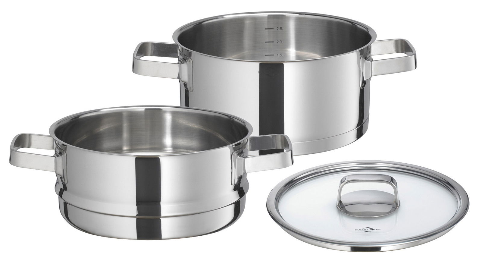 Kochtopf mit Dämpfeinsatz und Glasdeckel aus Edelstahl, seitliche Perspektive