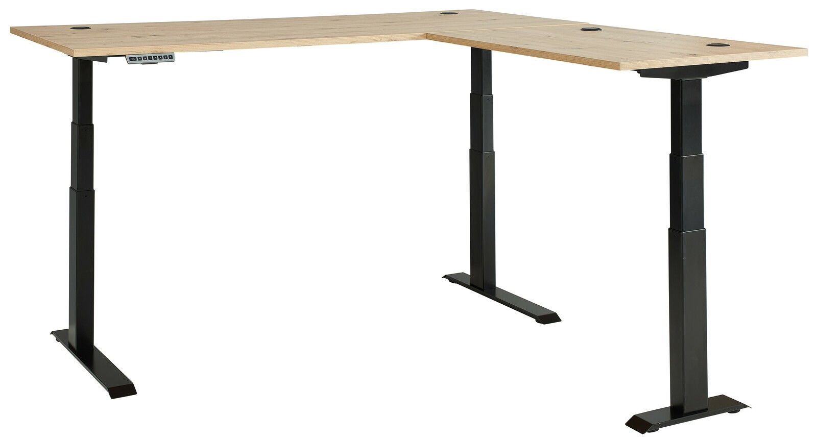 Moderner höhenverstellbarer E-Eckschreibtisch mit schwarzem Gestell und heller Holzplatte, seitliche Perspektive