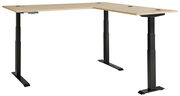Moderner höhenverstellbarer E-Eckschreibtisch mit schwarzem Gestell und heller Holzplatte, seitliche Perspektive