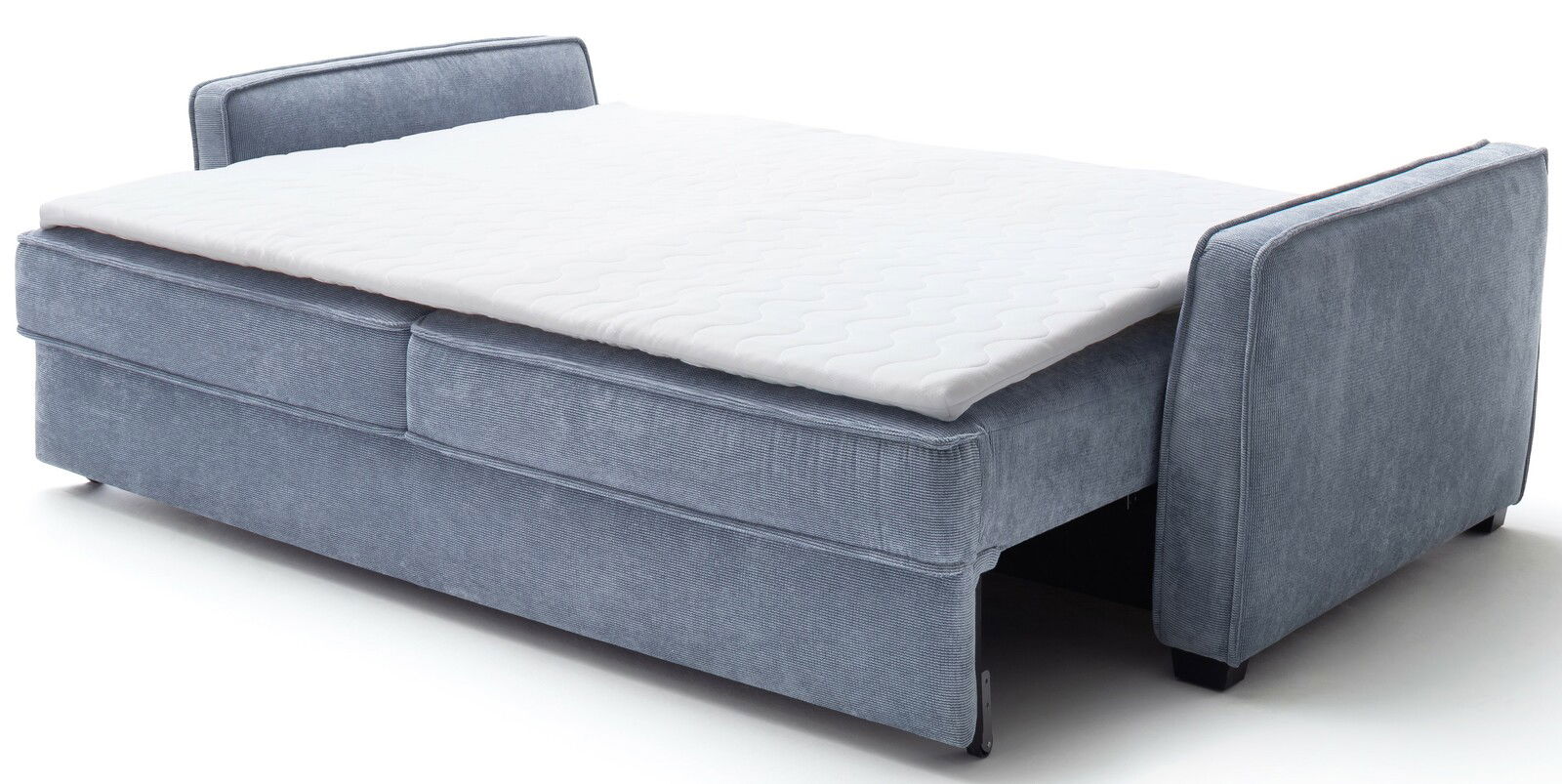 Graues Funktionssofa in ausgeklappter Position, seitliche Perspektive