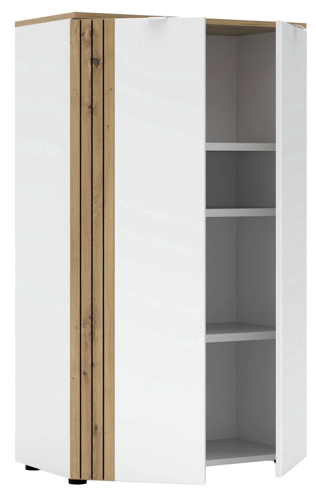 Moderner Büroschrank mit weißer Front und Holzakzenten, teilweise geöffnete Türen, seitliche Perspektive