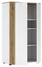 Moderner Büroschrank mit weißer Front und Holzakzenten, teilweise geöffnete Türen, seitliche Perspektive