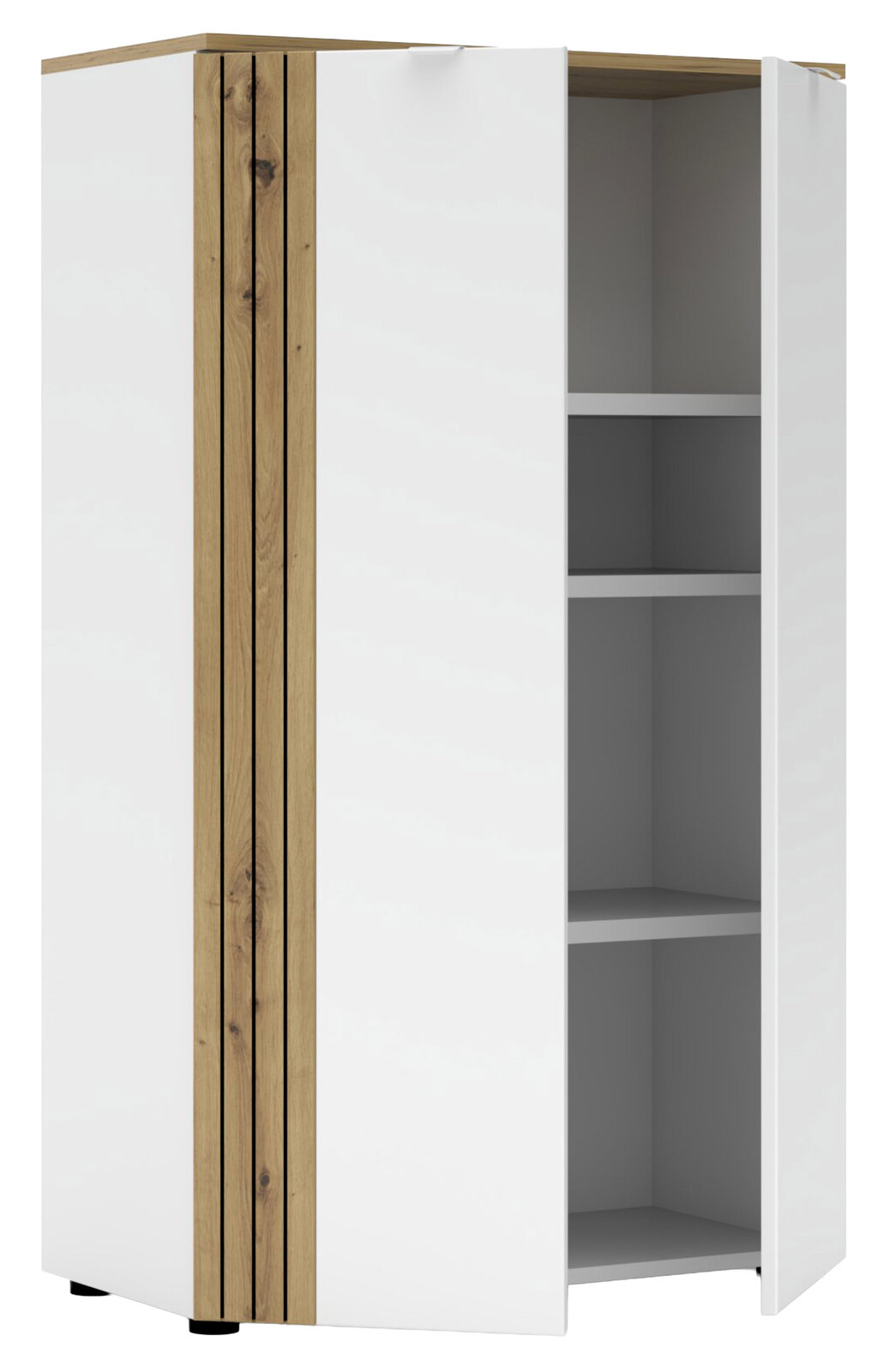 Moderner Büroschrank mit weißer Front und Holzakzenten, teilweise geöffnete Türen, seitliche Perspektive