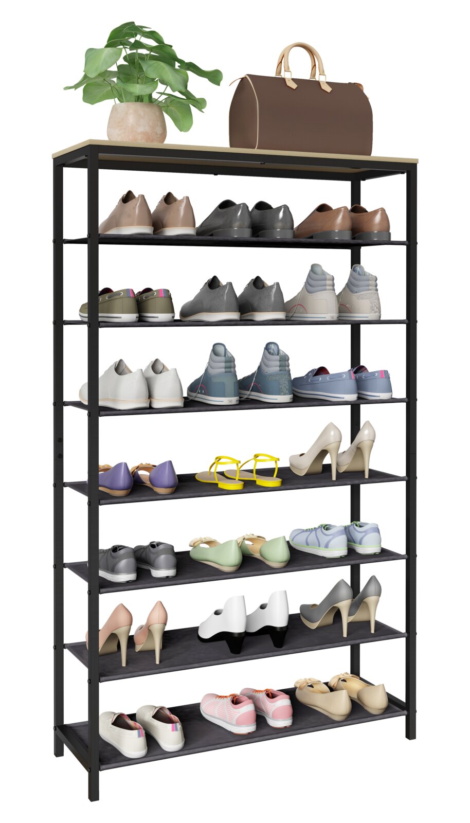 Schwarzes Schuhregal mit mehreren Ablagen und heller Deckplatte, bestückt mit verschiedenen Schuhpaaren; oben Pflanze im Topf und braune Reisetasche, Ansicht leicht von vorne links.