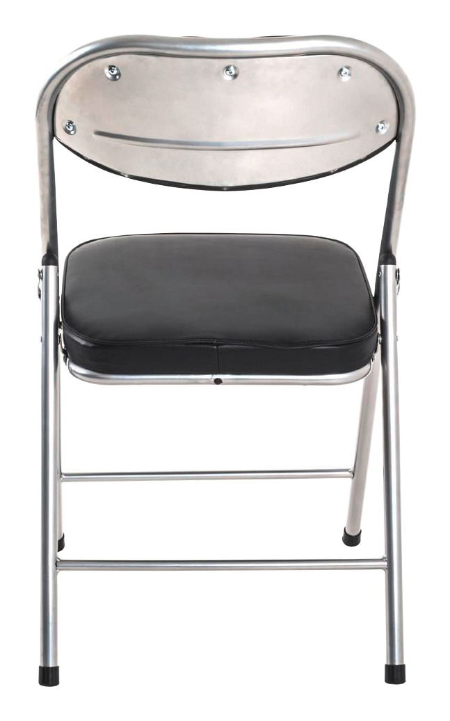 Klappstuhl aus Metall mit schwarzem Sitzpolster, Ansicht von vorne