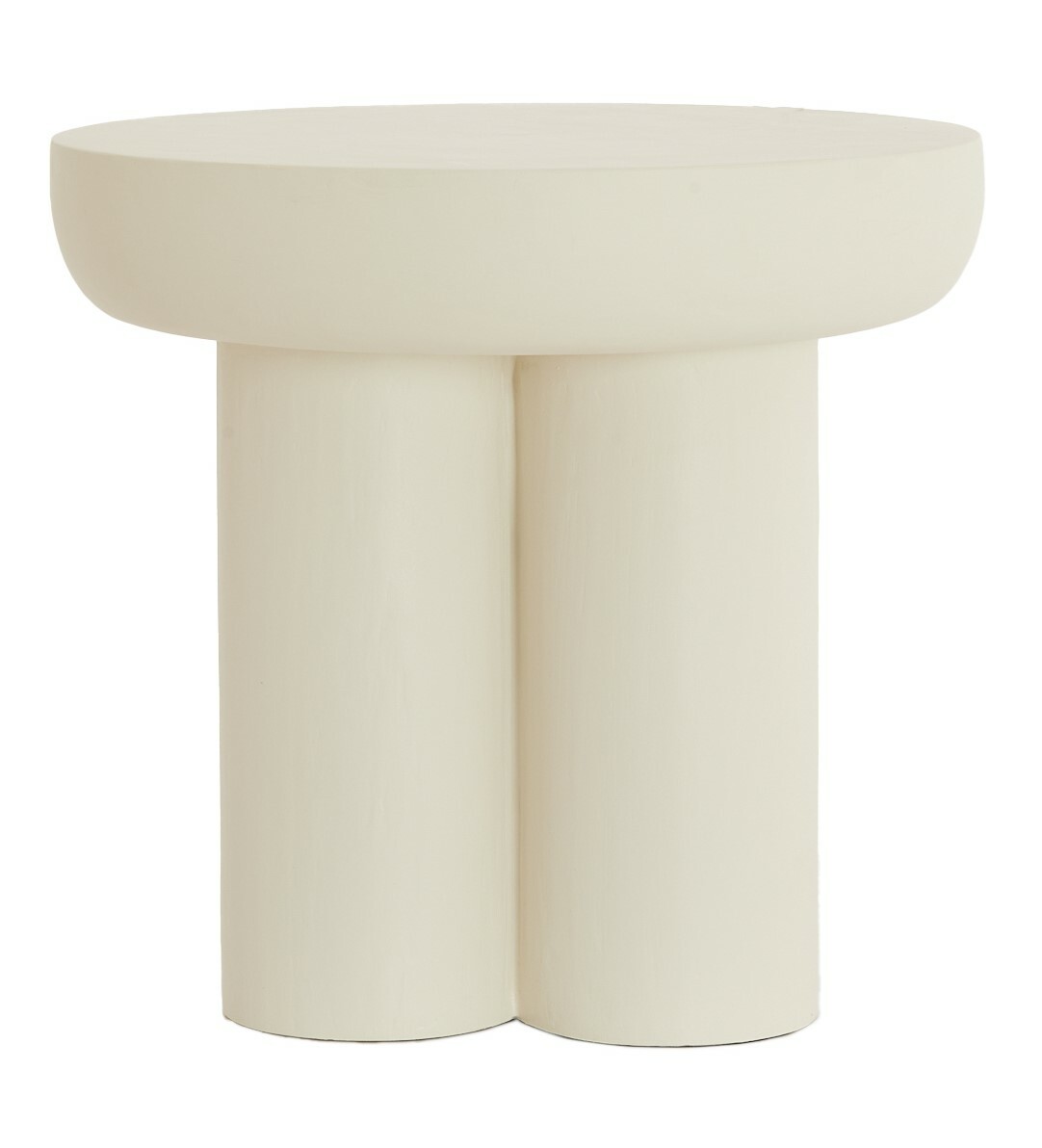 Moderner Beistelltisch in Cremefarbe mit runder Tischplatte und zwei zylindrischen Beinen, Frontalansicht.