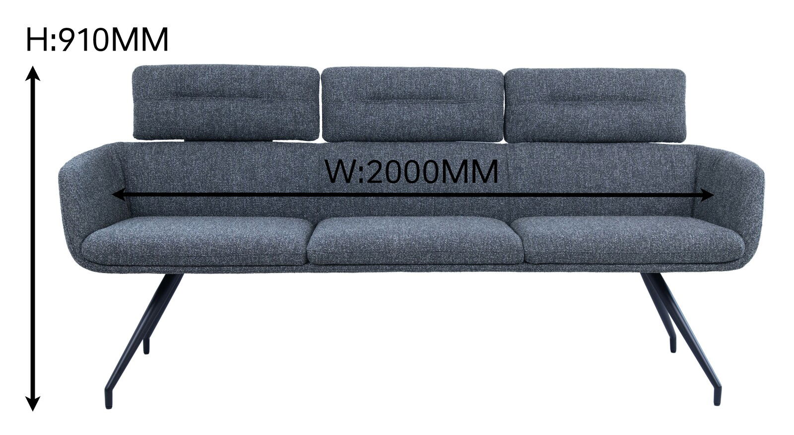 Graue Sitzbank mit drei Rückenlehnen, 2000 mm breit und 910 mm hoch, Vorderansicht