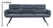 Graue Sitzbank mit drei Rückenlehnen, 2000 mm breit und 910 mm hoch, Vorderansicht