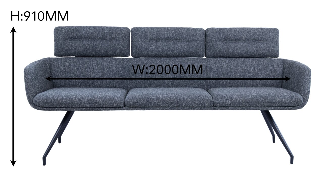 Graue Sitzbank mit drei Rückenlehnen, 2000 mm breit und 910 mm hoch, Vorderansicht