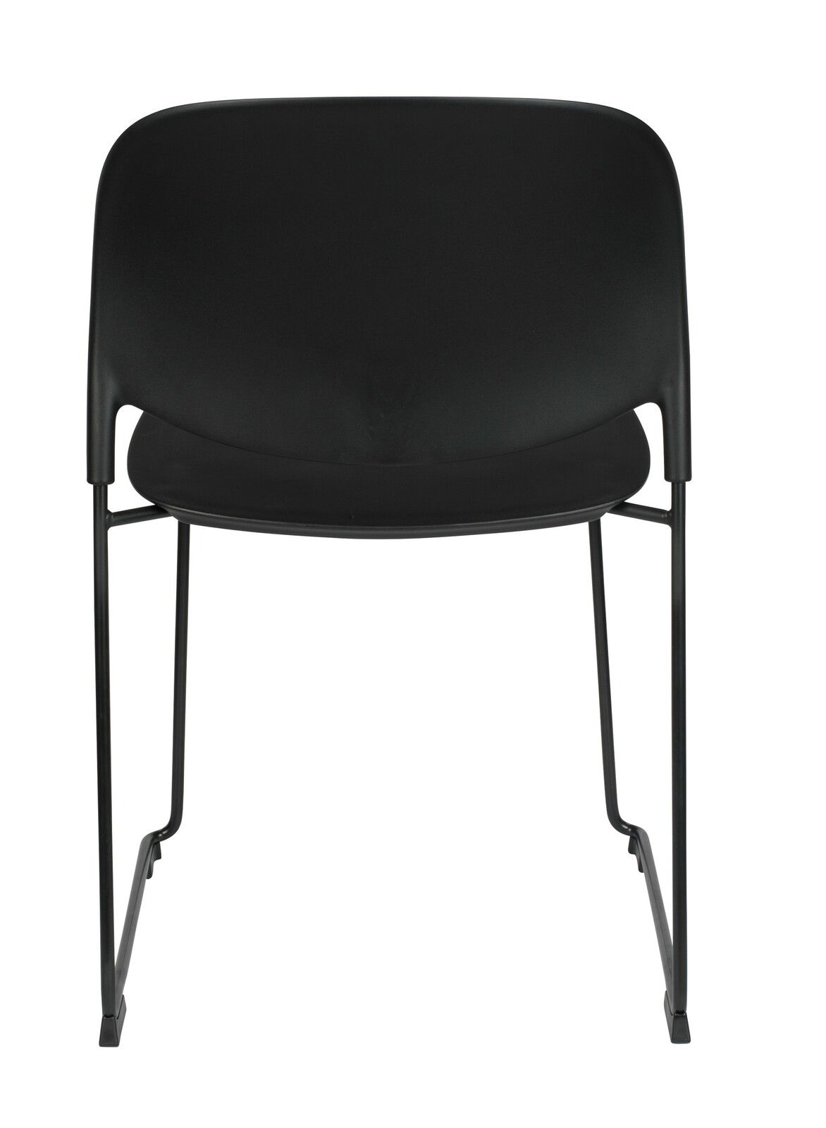 Schwarzer Stuhl STACKS mit Metallgestell, Ansicht von vorne.