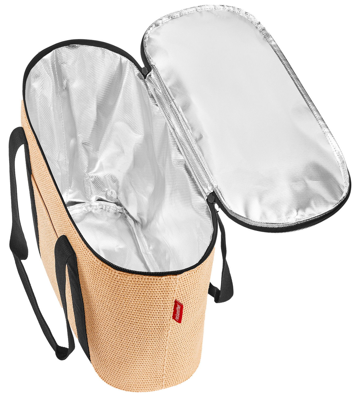 Offene Thermotasche mit silberner Innenbeschichtung und beige Außenmaterial, seitliche Perspektive