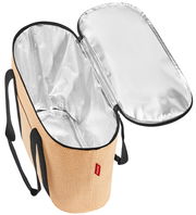 Offene Thermotasche mit silberner Innenbeschichtung und beige Außenmaterial, seitliche Perspektive