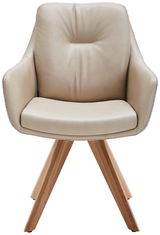 Beiger Armlehnstuhl mit Holzbeinen, Frontalansicht