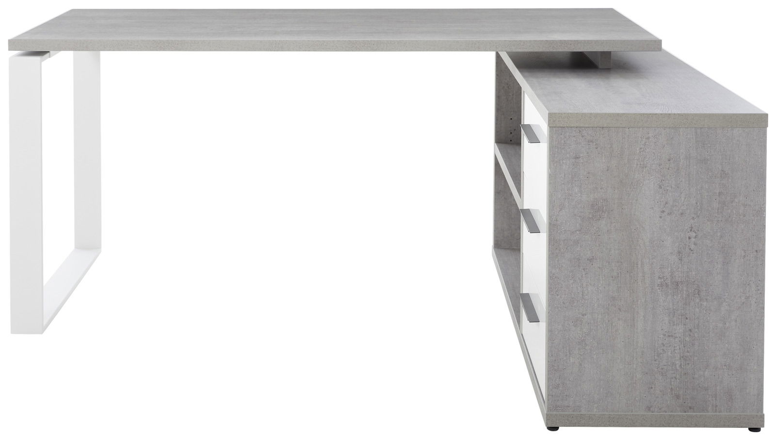 Moderner Eckschreibtisch in Betonoptik mit weißem Metallgestell, seitliche Perspektive