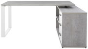 Moderner Eckschreibtisch in Betonoptik mit weißem Metallgestell, seitliche Perspektive