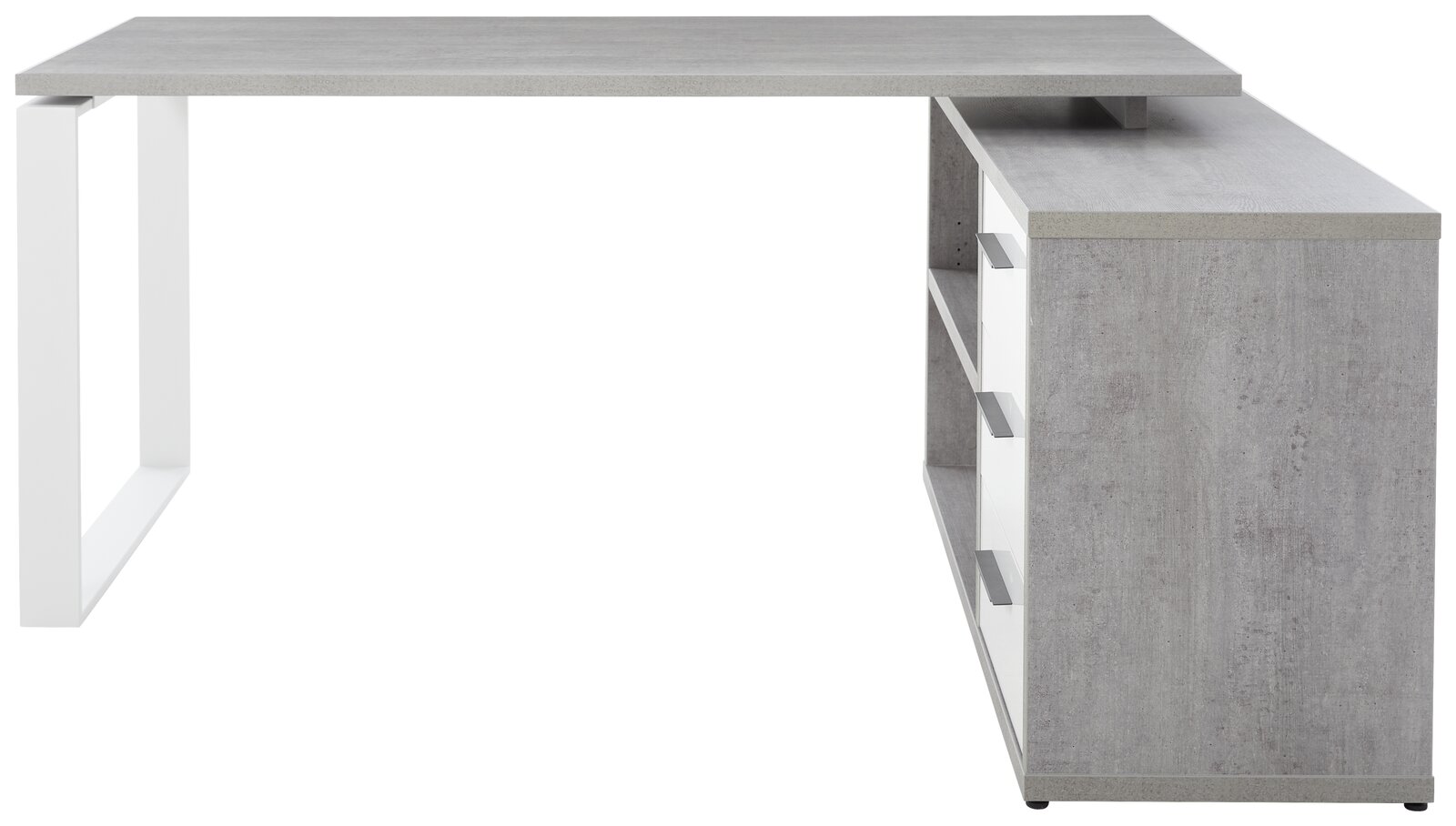 Moderner Eckschreibtisch in Betonoptik mit weißem Metallgestell, seitliche Perspektive
