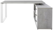 Moderner Eckschreibtisch in Betonoptik mit weißem Metallgestell, seitliche Perspektive