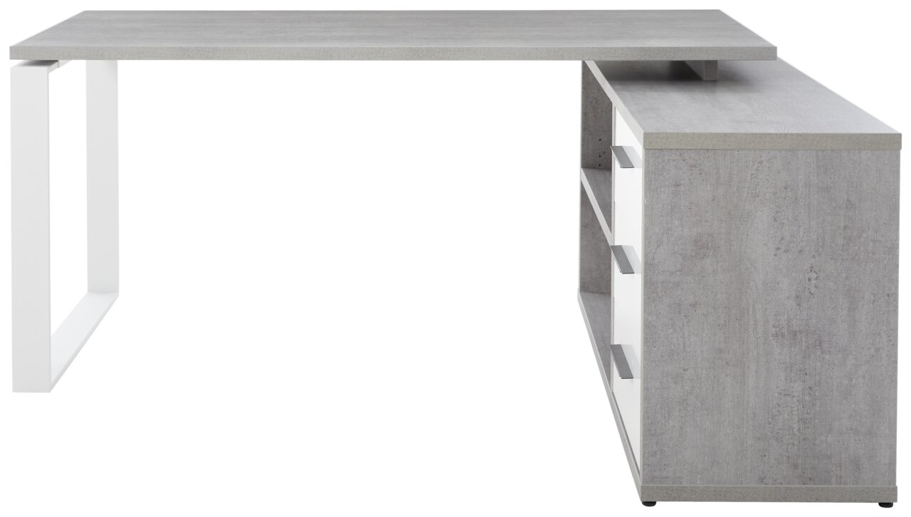 Moderner Eckschreibtisch in Betonoptik mit weißem Metallgestell, seitliche Perspektive