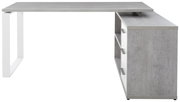Moderner Eckschreibtisch in Betonoptik mit weißem Metallgestell, seitliche Perspektive