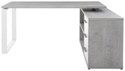 Modern hoekbureau in betonlook met wit metalen onderstel, zijaanzicht