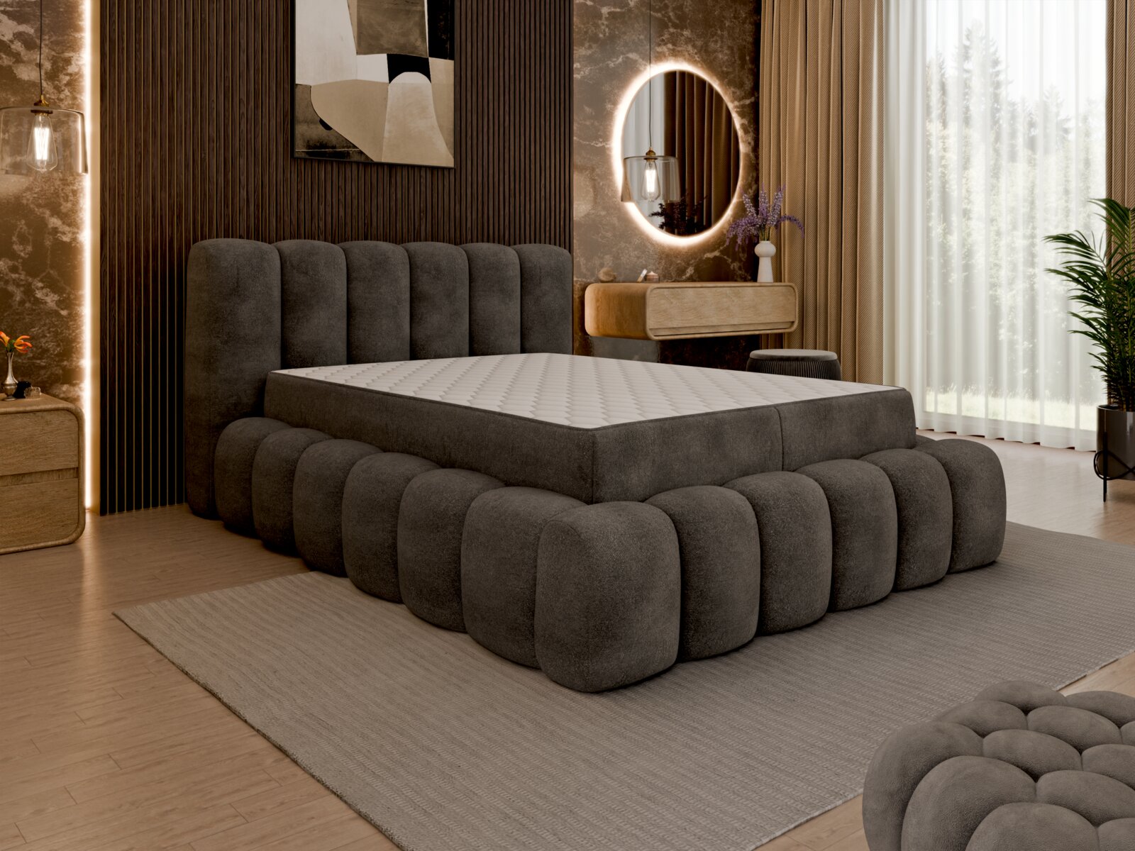 Modern gestoffeerd bed in een stijlvolle slaapkamer, zijaanzicht.