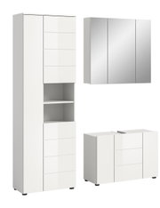 Weiße Badkombination bestehend aus einem hohen Schrank mit Schubladen, einem Spiegelschrank und einem Unterschrank, frontal betrachtet.