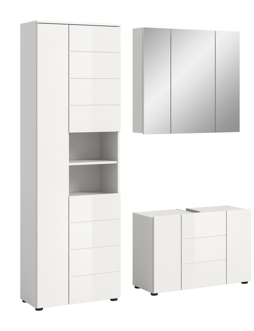 Weiße Badkombination bestehend aus einem hohen Schrank mit Schubladen, einem Spiegelschrank und einem Unterschrank, frontal betrachtet.