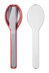 Draufsicht auf ein 3-teiliges Besteckset Ellipse mit Messer, Gabel und Löffel in einer roten Halterung neben einem transparenten Etui.